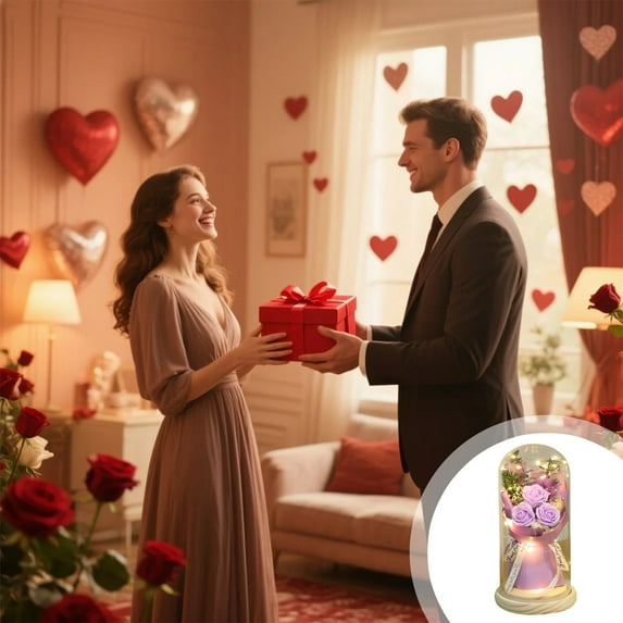 Preserved Flowers in Glass Dome,Artificial Rose Bouquet with Light, Eternal Rose for Women,Wife,Mom,Grandma as Anniversary Birthday Valentine's Day Mother's Day