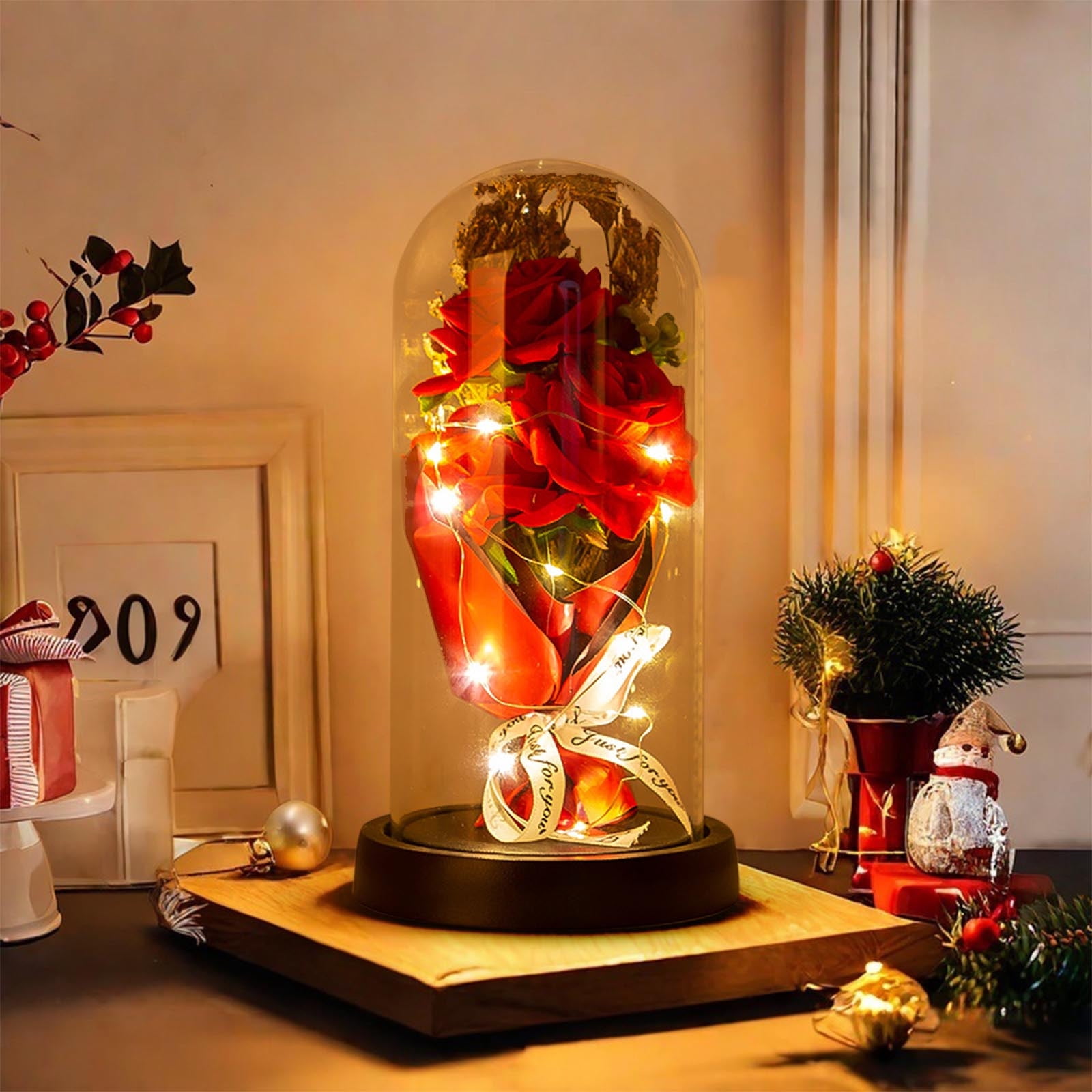 NOVEMBER SPRING Preserved Blue Roses In Glass Dome – LED Light Display Gift