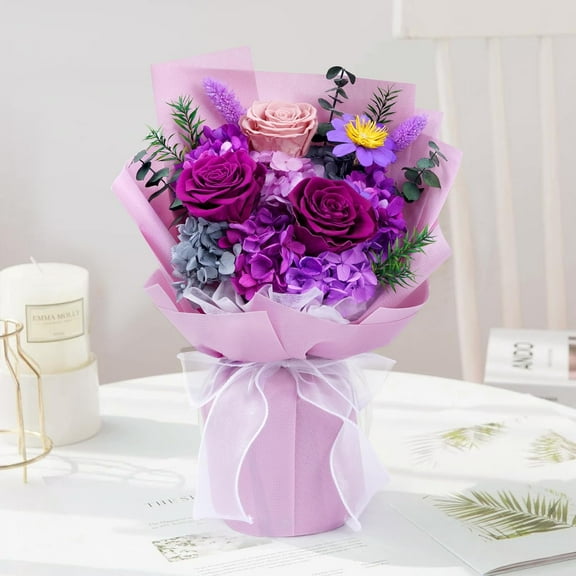 Preserved Flowers, Purple Fresh Bouquet with Gift Box, for Delivery, Forever Flowers for Birthday Gift, Anniversary, Teacher, Mother Day