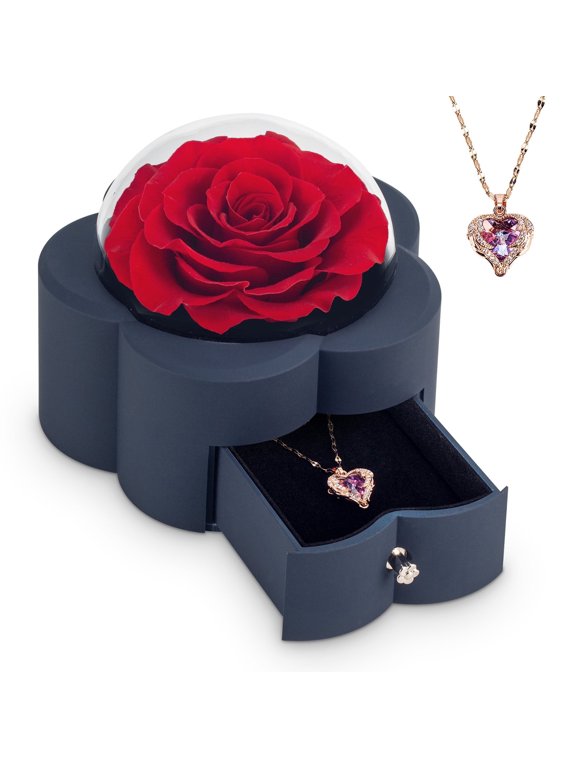 Preserved Flowers whit high-end rose necklace gift box, Mother's Day,Valentine's Day,Christmas,Thanksgiving,anniversary,romantic surprise gift for proposing women (Red Flower)