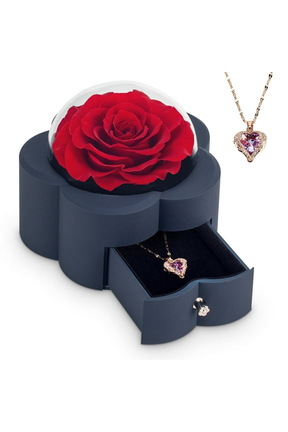 Preserved Flowers whit high-end rose necklace gift box, Mother's Day,Valentine's Day,Christmas,Thanksgiving,anniversary,romantic surprise gift for proposing women (Red Flower)