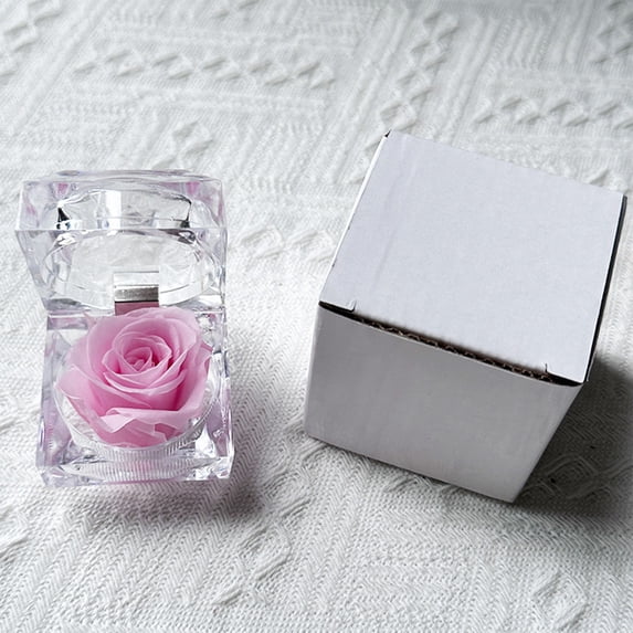 Preserved Forever Rose in Clear Acrylic Ring Box, Long Lasting Real Eternal Rose Mini Jewelry Box Gift, Immortal Flower Keepsake for Valentine Wedding Anniversary Proposal Decor,Pink