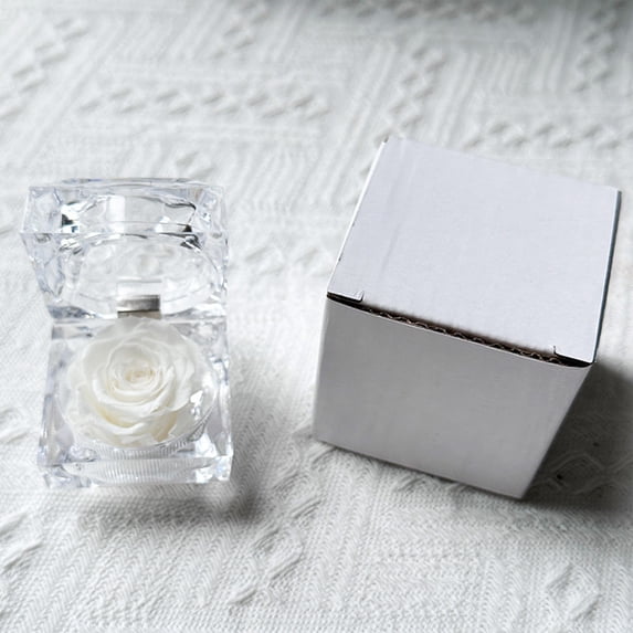 Preserved Forever Rose in Clear Acrylic Ring Box, Long Lasting Real Eternal Rose Mini Jewelry Box Gift, Immortal Flower Keepsake for Valentine Wedding Anniversary Proposal Decor,White