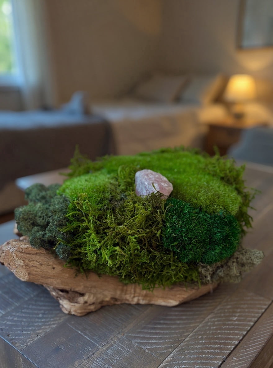 Preserved Moss Centerpiece Eco-Friendly in Teak Wood Planter