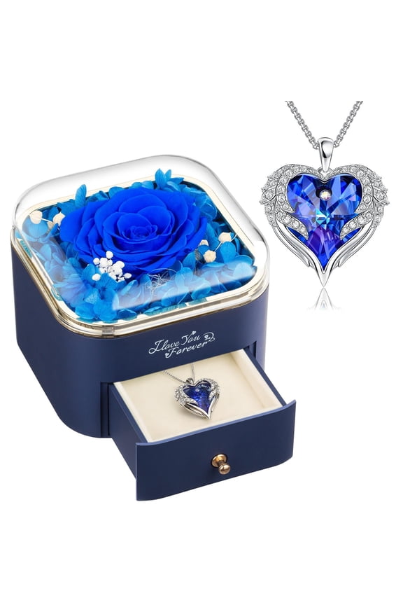 Preserved Real Blue Rose with Angle Wings Necklace, Forever Flowers Gifts for Mom Grandma Wife Girlfriend at Christmas Valentines, Anniversary Birthday Gifts for Women, I Love You Gifts for Her Y101