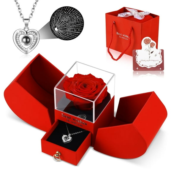 Preserved Real Rose Box with I Love You Necklace, Eternal Flowers Rose Gifts for Mom Grandma Wife Girlfriend on Mother's Day Birthday Valentine Christmas Anniversary, Romantic Gifts Present for Her