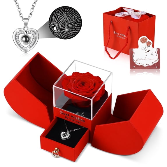 Preserved Real Rose Box with I Love You Necklace, Eternal Flowers Rose Gifts for Mom Grandma Wife Girlfriend on Mother's Day Birthday Valentine Christmas Anniversary, Romantic Gifts Present for Her