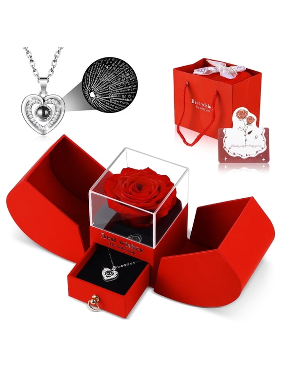Preserved Real Rose Box with I Love You Necklace, Eternal Flowers Rose Gifts for Mom Grandma Wife Girlfriend on Mother's Day Birthday Valentine Christmas Anniversary, Romantic Gifts Present for Her