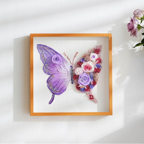 Preserved Real Rose Butterfly Shadow Box - 12x12 3D Handmade Eternal Flower Wall Art, Unique Birthday Anniversary Purple Gifts for Women, Mom, Wife, Grandma