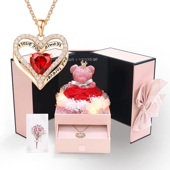 Preserved Real Rose Gift Set with Heart Necklace & Pink Bear Doll, Long-Lasting Roses for Women, Double Door Romantic Keepsake for Anniversary, Birthday, Valentine's Day Present