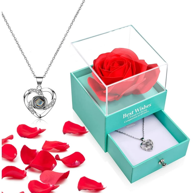 Preserved Real Rose w/ Necklace, Eternal Rose for Mom Wife