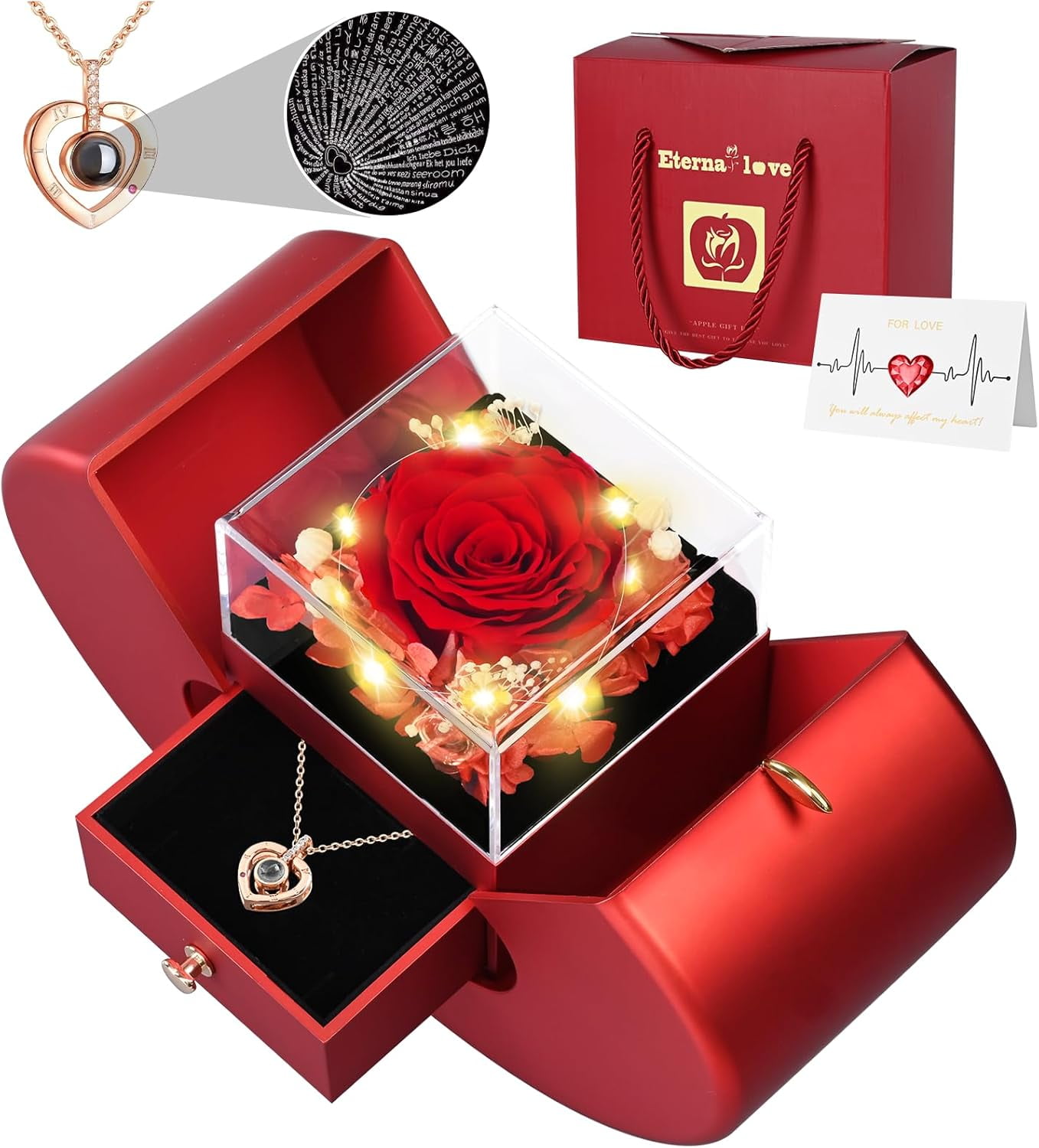 CATPAN Preserved Real Rose with I love you Necklace Gifts for Mom Grandma Wife Girlfriend on Mothers Day Birthday Valentines Anniversary Romantic Gifts, Fresh Real Rose Flower Present for Women Mama Nana