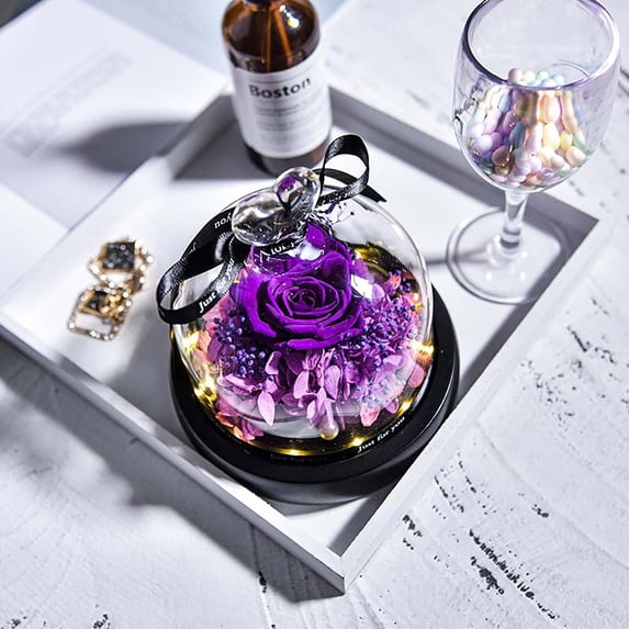 Preserved Real Rose with LED Lights, Eternal Forever Flower in Glass Dome, Eternal Enchanted Rose Flower Box, Valentine's Day Rose Flower Box, Unique Rose Gifts Purple 5x5 In (1Pcs)