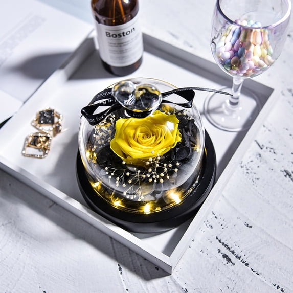 Preserved Real Rose with LED Light in Glass Dome, Eternal Flower Gift for Mother Day Valentines, 1 Piece