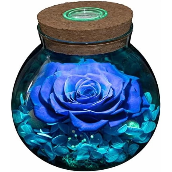 Preserved Real Roses with Colorful Mood Light Wishing Bottle, Eternal Rose，Never Withered Flowers, Table Decor,Christmas Anniversary Valentine's, Blue 4.3inch, 1pcs