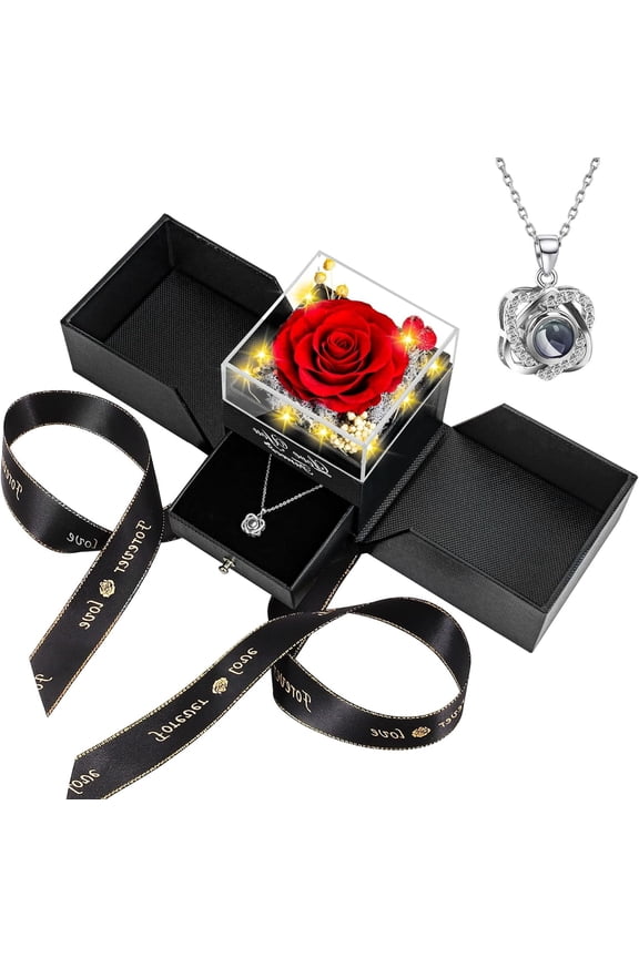Preserved Red Real Rose with Heart I Love You Necklace -Eternal Flowers Rose Birthday Gifts for Women Her Mom Wife Girlfriend Grandma on Valentines Mothers Day Christmas Anniversary Romantic-Red