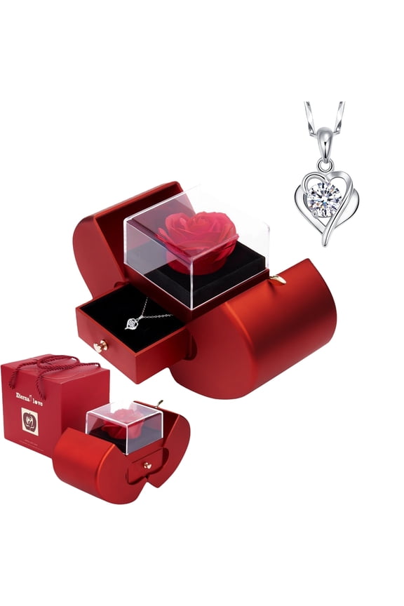 Preserved Red Real Rose with Heart I Love You Necklace -Eternal Flowers Rose Birthday Gifts for Women Her Mom Wife Girlfriend Grandma on Valentines Mothers Day Christmas Anniversary Romantic-Red