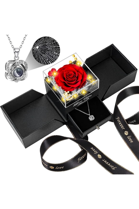 Preserved Rose with Heart I Love You Necklace, Red Real Rose Gifts for Her Women Mom Wife Girlfriend Grandma, Valentine Christmas Anniversary Birthday
