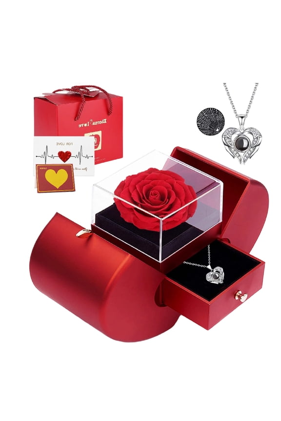 Preserved Red Real Rose with "I Love You" Heart Necklace, Eternal Flower Gift for Her, Mom, Wife, Girlfriend, Grandma on Valentine's Day, Christmas, Birthday, Mother's Day, Anniversary, Thanksgiving