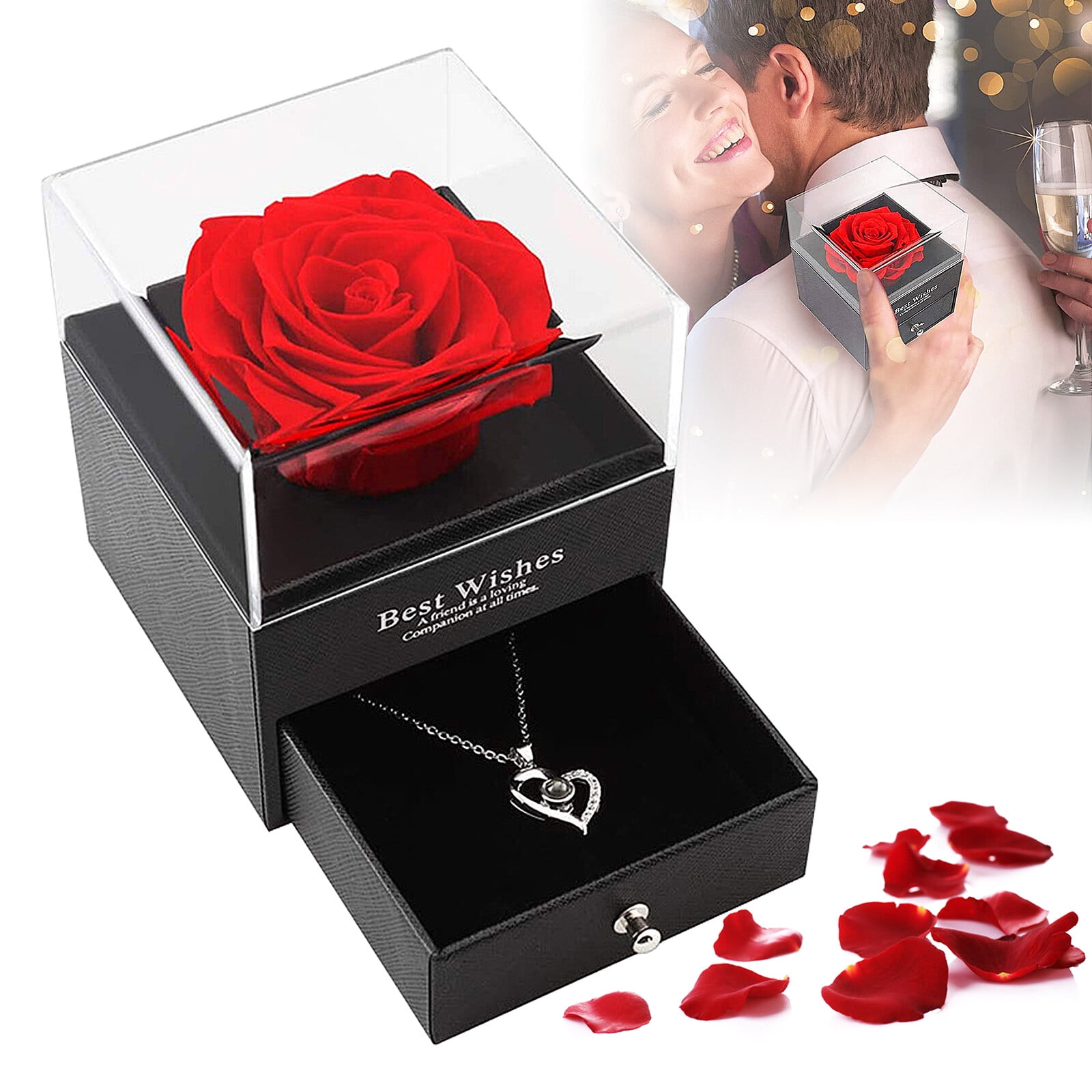 Preserved Red Real Rose with I Love You Necklace in 100 Languages ...