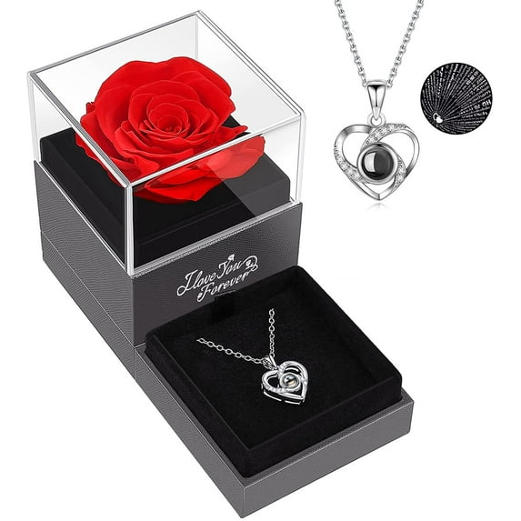Preserved Red Real Rose with I Love You Necklace in 100 Languages -Eternal Flowers Rose Gifts for Mom Wife Girlfriend Her on Anniversary Valentines Day Mothers Day Christmas Birthday Gifts for Women