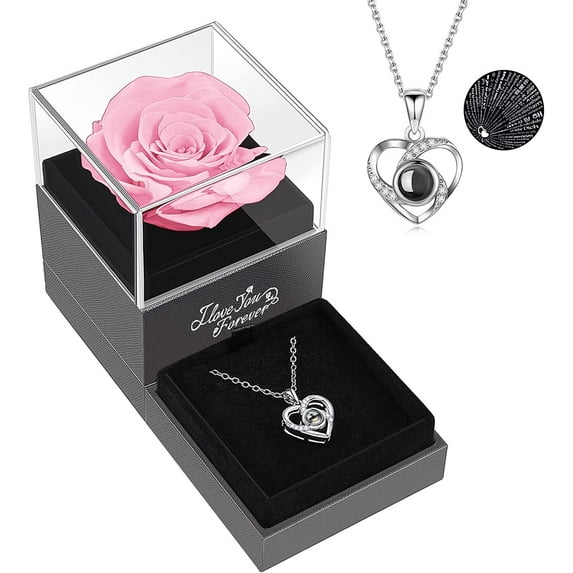 Preserved Red Real Rose with I Love You Necklace in 100 Languages -Eternal Flowers Rose Gifts for Mom Wife Girlfriend Her on Anniversary Valentines Day Mothers Day Christmas Birthday Gifts for Women
