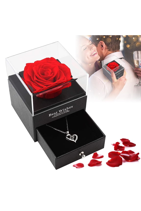 Preserved Red Real Rose with I Love You Necklace in 100 Languages -Eternal Flowers Rose Gifts for Mom Wife Girlfriend Her on Christmas Valentines Day Mother'sDay Anniversary Birthday Gifts for Women