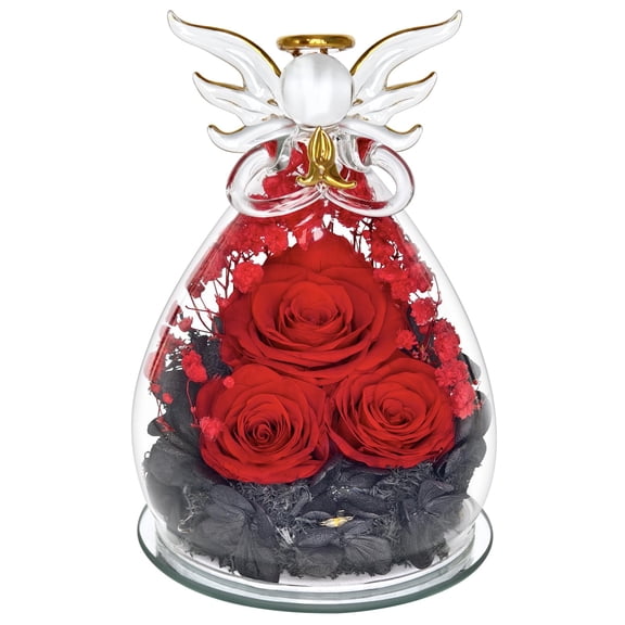 Preserved Red Rose Angel Glass Figurine with LED Lights Home Decor Gift