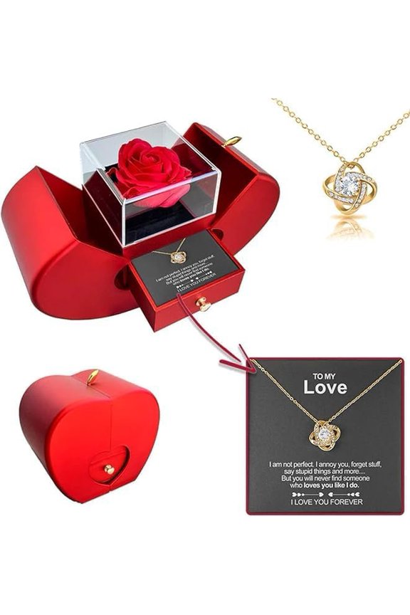 Preserved Red Rose With Hollow Clavicle Necklace, Boxes With Necklace For Girlfriend,Wife,Mom With ''To My Love'' Card