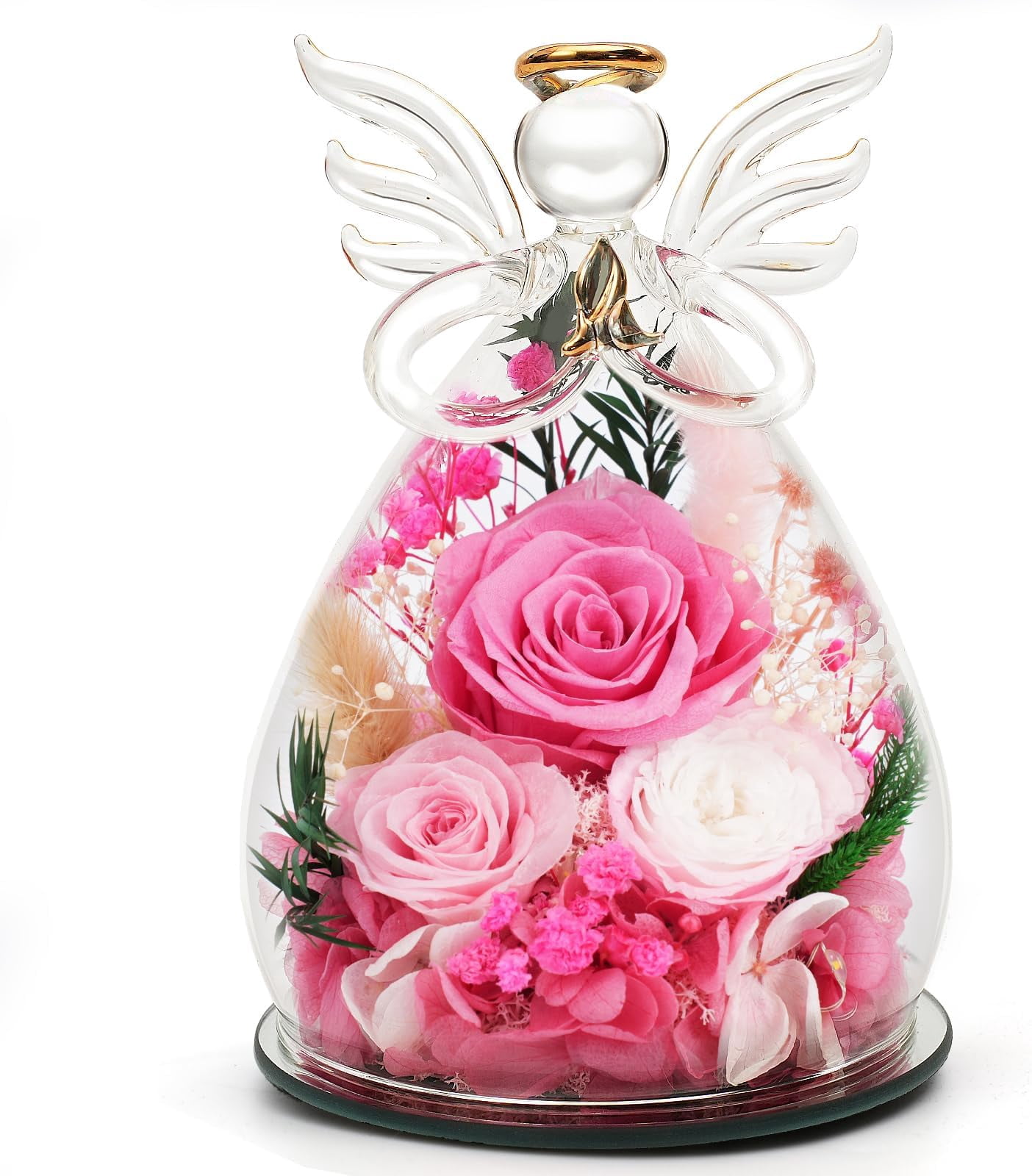 Preserved Rose Angel Figurine - Glass Angel with Lights, Eternal Roses ...