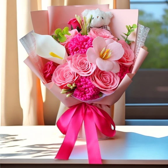 Preserved Rose Bouquet with Cute Bear, 3 Real Eternal Roses, Long-Lasting Pink Forever Flowers Arrangement, Romantic Artificial Rose Gift for Women, Wife, Mother, Her, Anniversary, Birthday (Pink)