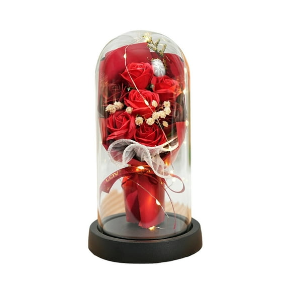 Preserved Rose Bouquet in Glass Dome with LED Lights, 7 Red Eternal Roses and Baby's Breath, Valentine's Day Gift for Women, Anniversary Gift Set, Home Table Decor, Forever Flower Arrangement