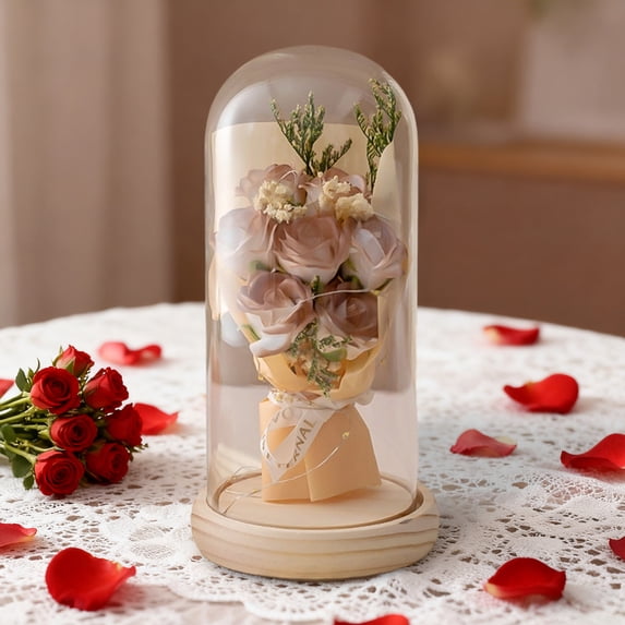 Preserved Rose Bouquet with LED Lights, Artificial Roses Gift for Valentine's Day, Anniversary, Home Desk Decor, Faux Flowers for Women, No Maintenance, Khaki
