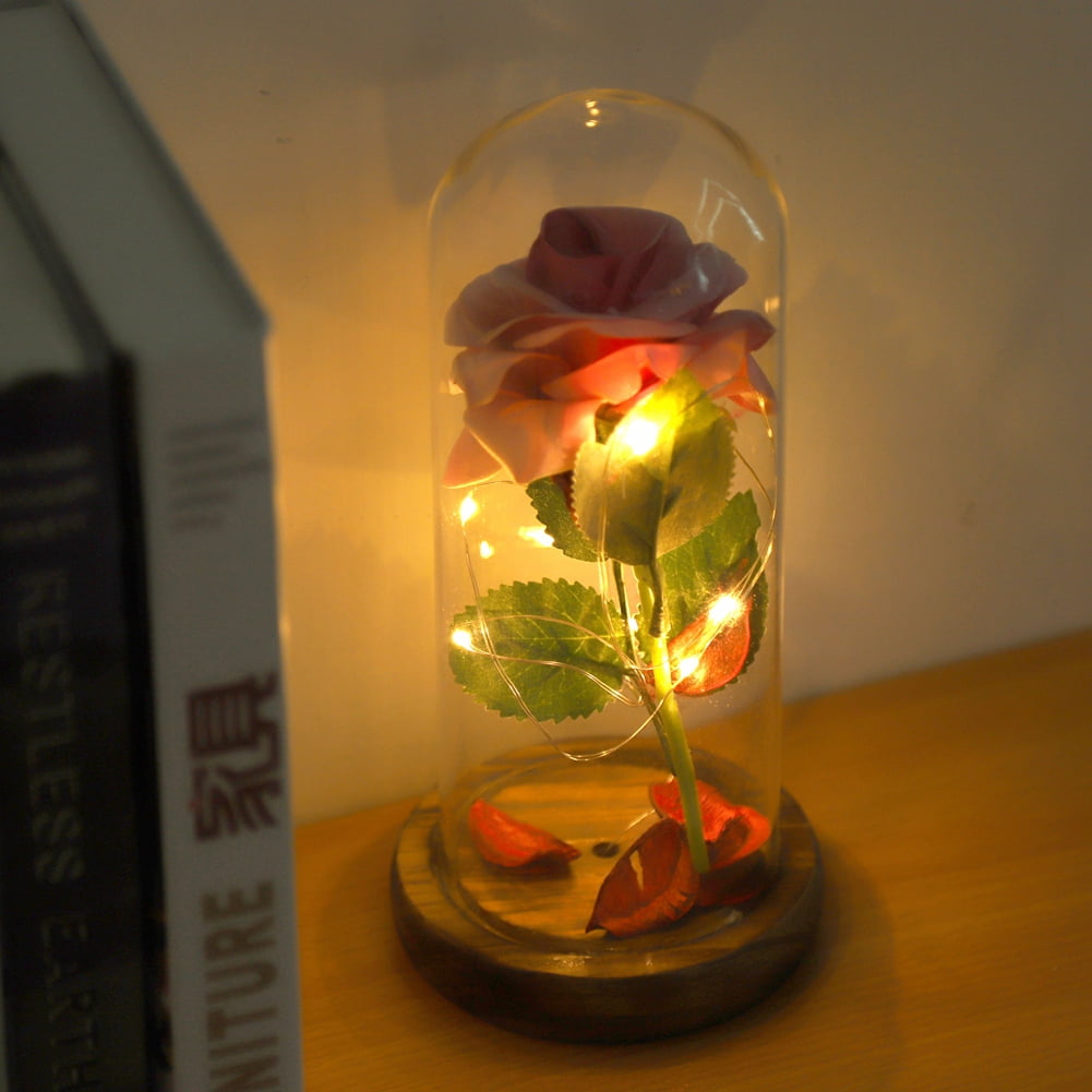 Preserved Rose Flower LED Light with Glass Cover & Wooden Base