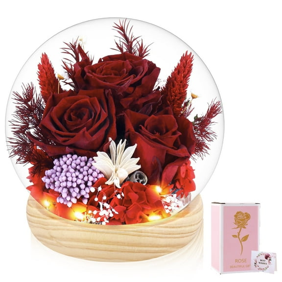 Preserved Rose Flowers for Women, Flowers Bouquet in Glass Dome with LED Lights, Gifts for Valentine's Day, Mother's Day
