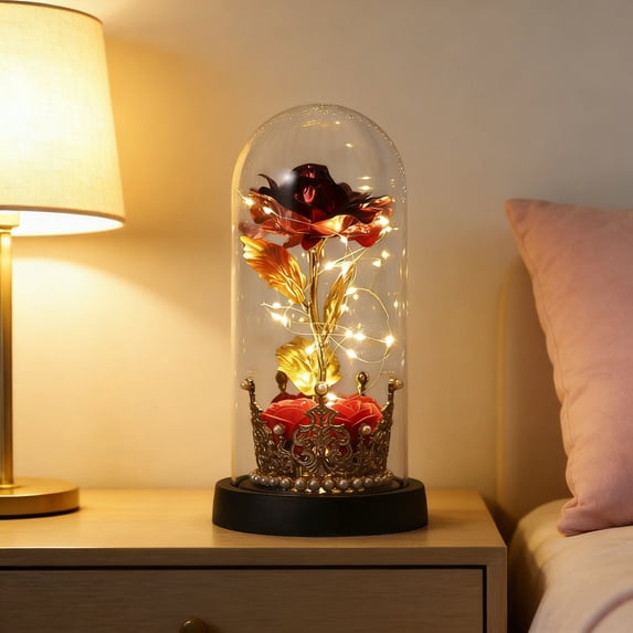 Preserved Rose Glass Dome LED Light Eternal Rose Night Light Romantic Rose In Glass Case Gift For Valentines Anniversary Birthday Wedding Proposal Bedroom Decor Romantic Home Table Display Lamp