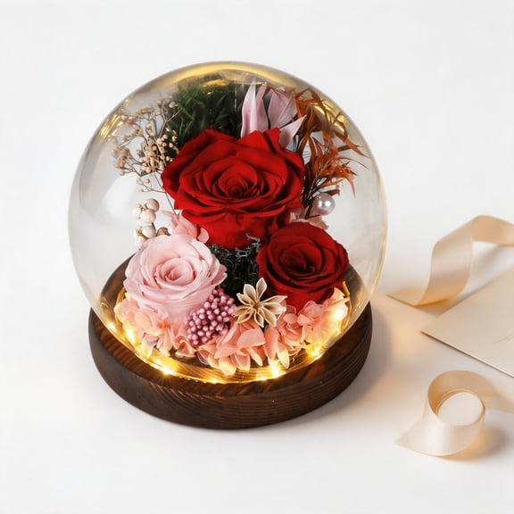 Preserved Rose Glass Dome, Red Real Rose Under Glass Cover with LED Light Base, Romantic Valentine's Day Wedding Birthday Anniversary Gift for Her
