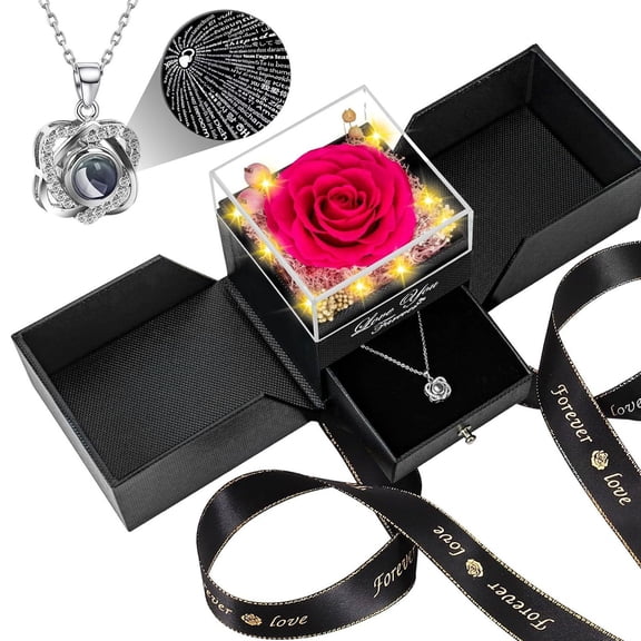 Preserved Rose with Heart I Love You Necklace - Eternal Flowers Rose Birthday Gifts for Women Her Mom Wife Girlfriend Grandma on Valentines Mothers Day Christmas Anniversary Romantic(Hot Pink)