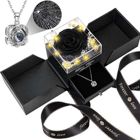 Preserved Rose with Heart I Love You Necklace - Eternal Flowers Rose Birthday Gifts for Women Her Mom Wife Girlfriend Grandma on Valentines Mothers Day Christmas Anniversary Romantic(Black)