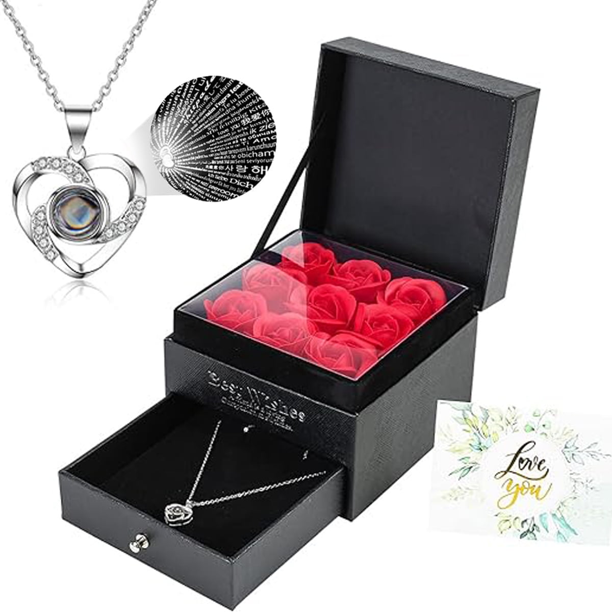 Preserved Rose with I Love You Necklace in 100 Languages Anniversary Birthday Gifts for Her Girlfriend Wife Women Fiance Wedding Brithday Valentine's Day Mother's from Son Husband