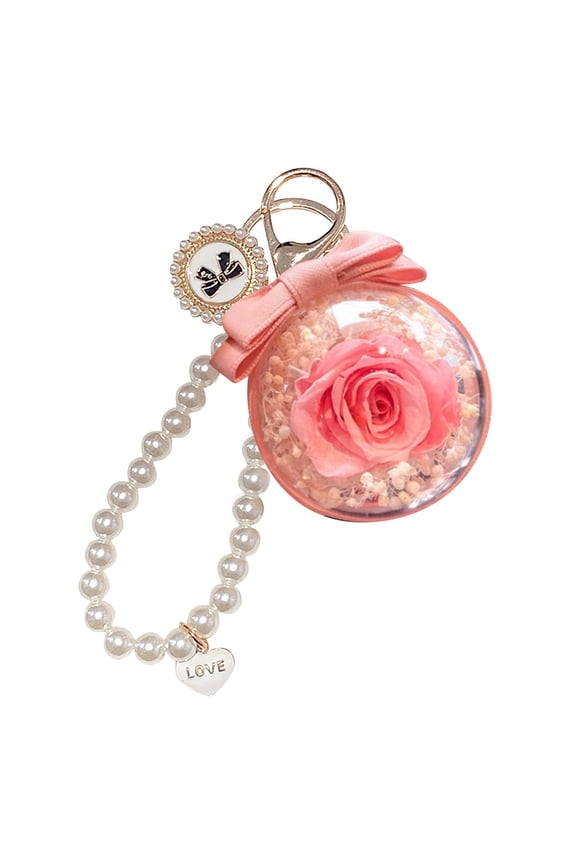 Preserved Rose Keychain With Pearl Chain Long Lasting Flower Key Ring With Love Heart Decor Valentine's Day For Her Birthday & Anniversary Bag Charm Pendant Keyring for Women(Pink)
