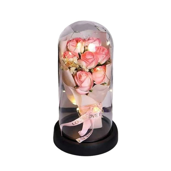 Preserved Rose Lamp, 7 Rose Bouquet with Gypsophila in Glass Dome, LED Light Base for Romantic Gift