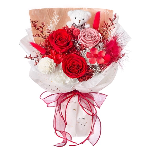 Preserved Rose Red Flower Bouquet with Bear Gift Box Home Decor and Gifting