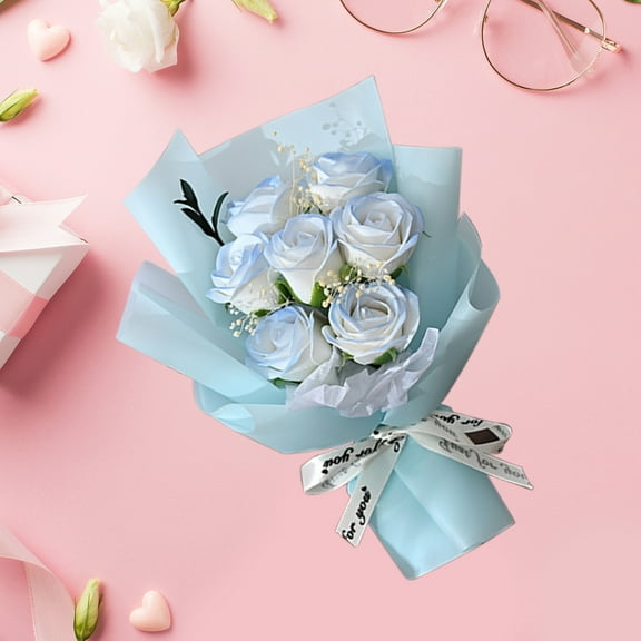 Preserved Rose Soap Flowers Mini Bouquet | Real Eternal Flower, LED Gift Box, Pink or Blue Paper, 18x14cm | Romantic Gift for Women, Valentine's Day, Birthday, Anniversary