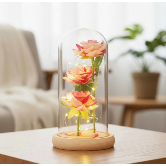 Preserved Rose in Glass Dome Eternal Dried Bouquet Home Decor Gift for Her