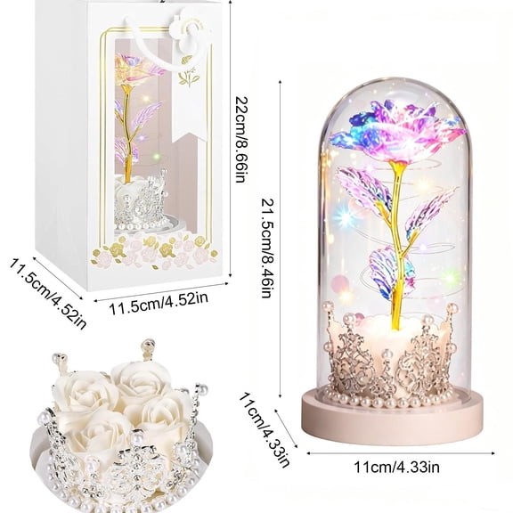 Preserved Rose in Glass Dome Night Light, Artificial Rose with LED Fairy Lights, Romantic Table Decor Gift for Girlfriend Wife