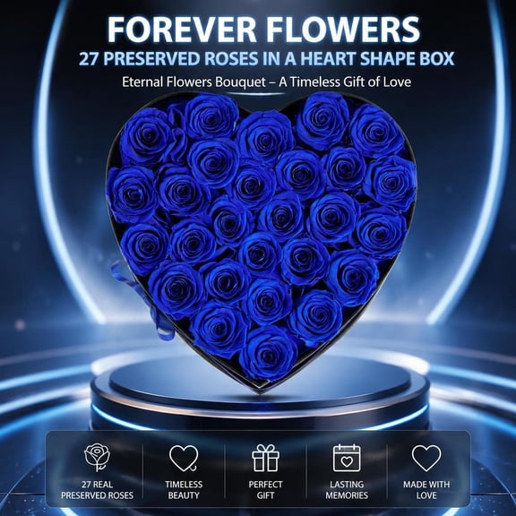 Preserved Roses, 27 in heart shape box, royal blue, eternal flower bouquet gift