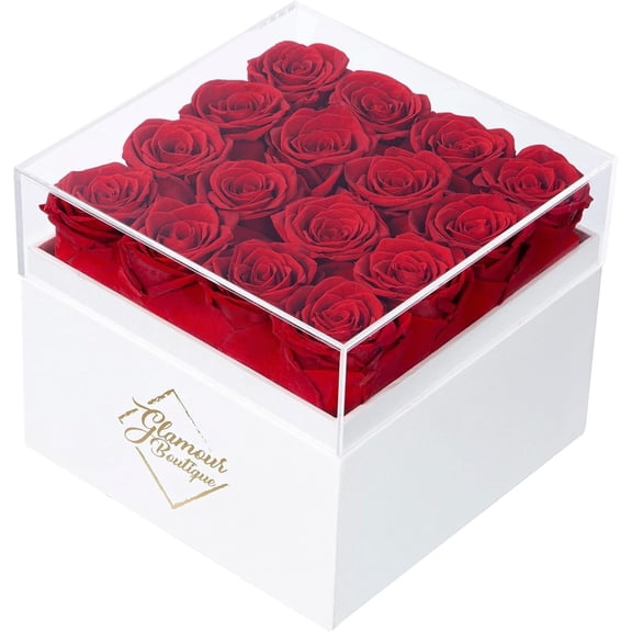 Preserved Roses in a Box - Gifts for Her, Wife & Mom, Rose Forever Decor for Birthday , Get Well Flower Bouquet Cased in White Box with Cover - Red - 16 (Color-Treated)