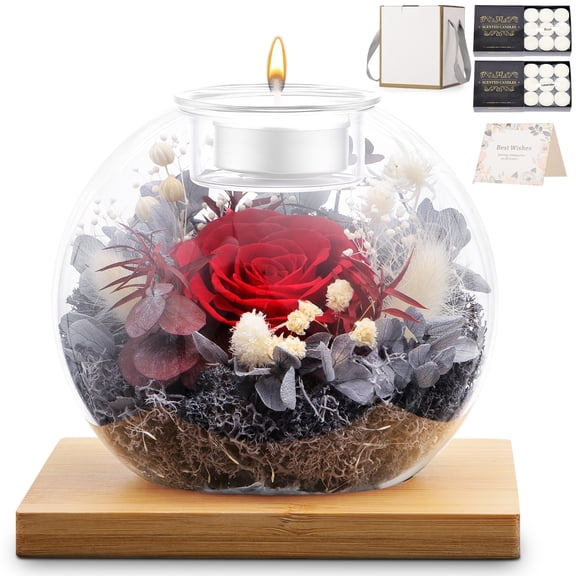 Preserved Roses in Glass Dome, Artificial Flowers with Scented Candles, Birthday Gifts for Her, Romantic Gifts for Women, Wife, Girlfriend on Birthday, Wedding Anniversary, Thanksgiving Day, Red