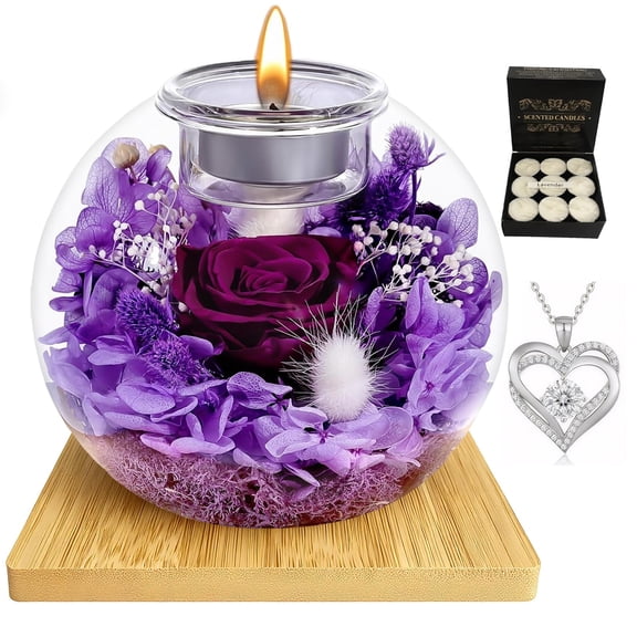 Preserved Roses with Necklace, Long-Lasting Real Flowers in Glass Dome, I Love You Gifts for Her, Wife, Girlfriend with Scented Candles for Valentines, Thanksgiving & Christmas (Violet Rose) Y102